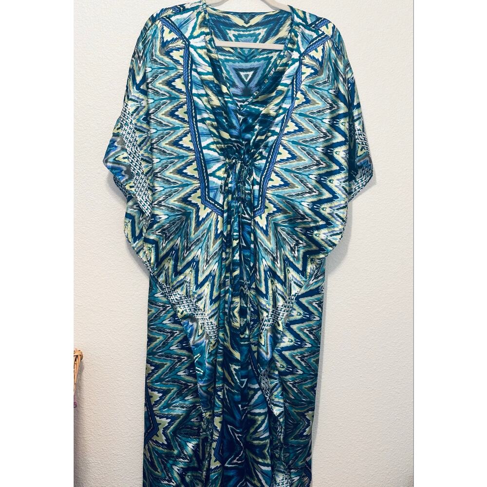 CARESS mixed Blue Drawstring Lounge Swim Coverup Caftan Resort-wear Dress - Picture 2 of 5